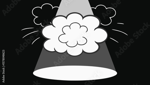 Cartoon illustration of a bright cloud bursting with dramatic spotlight in a dark room