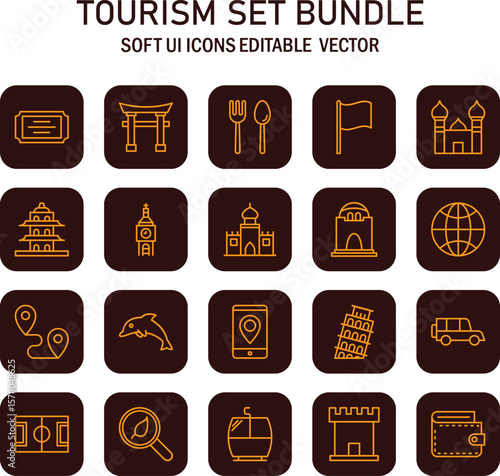 Comprehensive compilation showcasing meticulously designed tourism icons, depicting landmarks and travel elements in