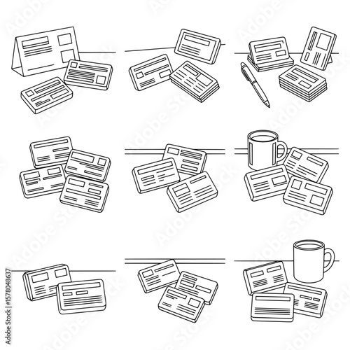 stack of business cards with pen and coffee mug on desk surface