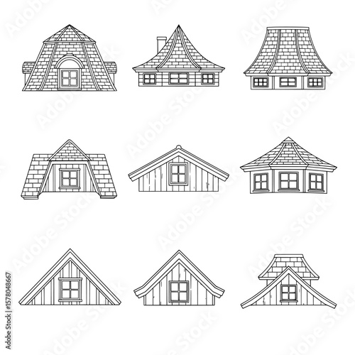 Set of stylized house rooftops with varied shapes and designs