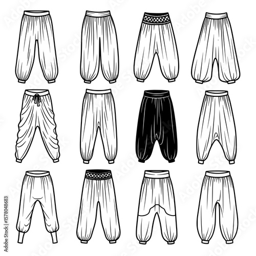 Collection of harem pants in various styles and cuts for casual wear
