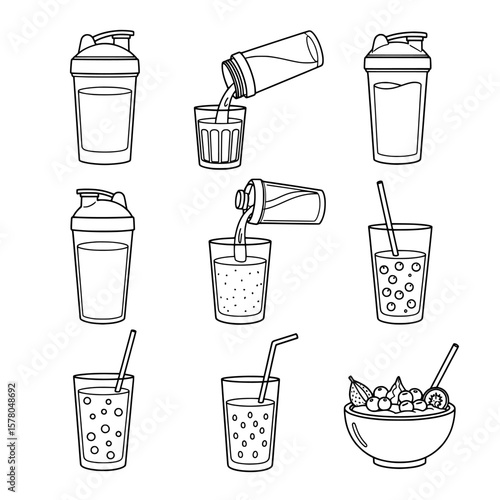 Set of beverage containers with smoothies and fruit bowl