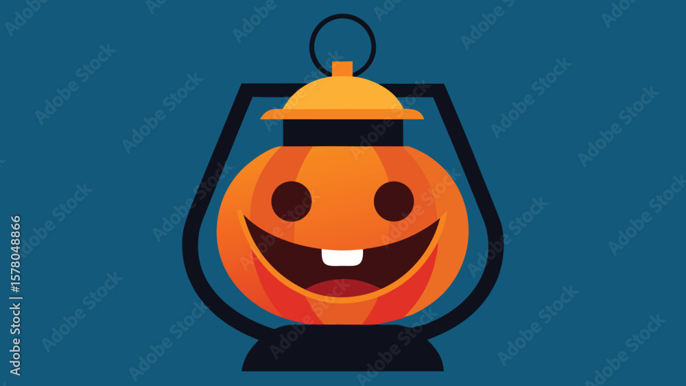 Obraz premium Cartoonish halloween pumpkin lantern with a smiling face against a teal blue backdrop
