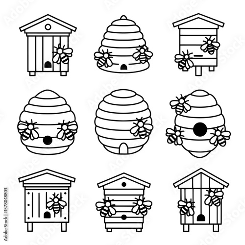 Set of beehives with bees for nature and apiary concepts