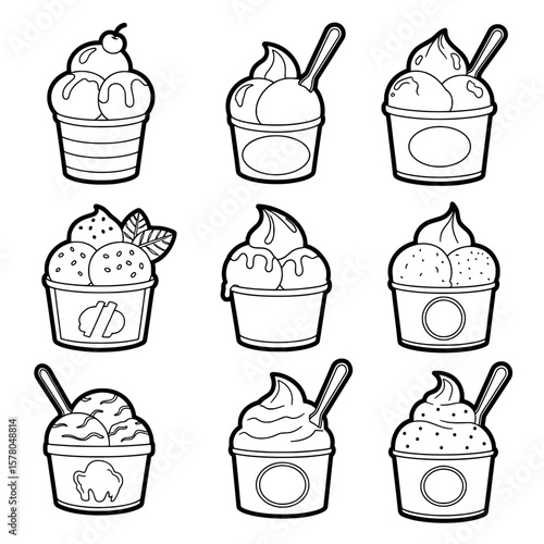 Set of nine line art ice cream cups with various toppings