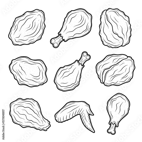 Hand-drawn assorted meat cuts with bones on black background