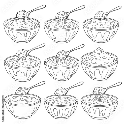 Spoonfuls of porridge in bowls for breakfast and healthy eating