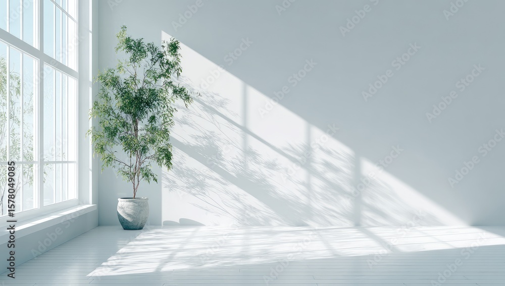 Fototapeta premium Bright, empty room with plant and shadows