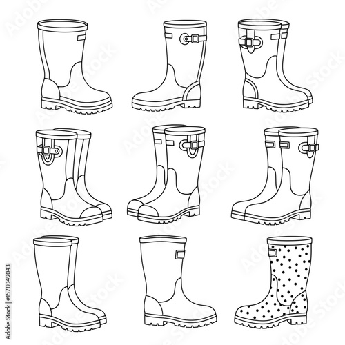 Array of rain boots with different patterns and styles for outdoor wear