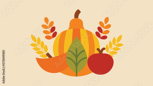 Colorful autumn harvest illustration featuring pumpkin apple leaves and wheat sprigs