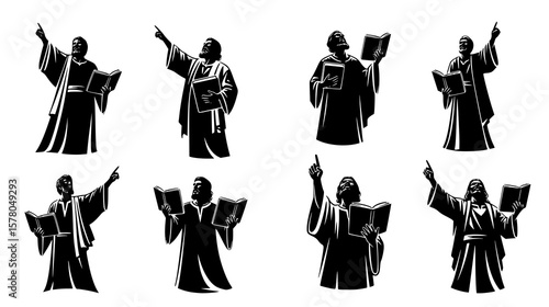 Silhouetted preachers reading from the holy bible offer spiritual guidance and theological interpretations with raised hands