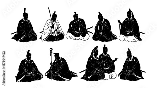 Elegant illustration showcasing silhouette figures of ancient Japanese nobles and warriors seated in various poses and clothing.