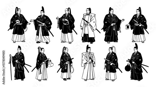 Elegant collection depicts traditional Japanese samurai warriors in various poses, wearing armor and carrying swords.
