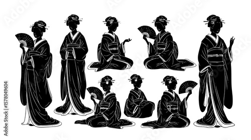 Elegant silhouettes of Japanese geisha in kimonos with fans showcase traditional artistic design