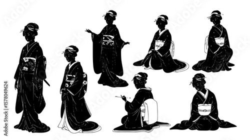 Elegant silhouette portrays geisha in traditional kimonos, showcasing graceful postures and Japanese heritage.