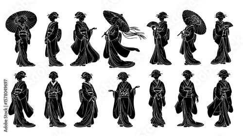 Kimono clad geisha silhouettes offer a glimpse into traditional Japanese culture, art, and fashion with their graceful poses.
