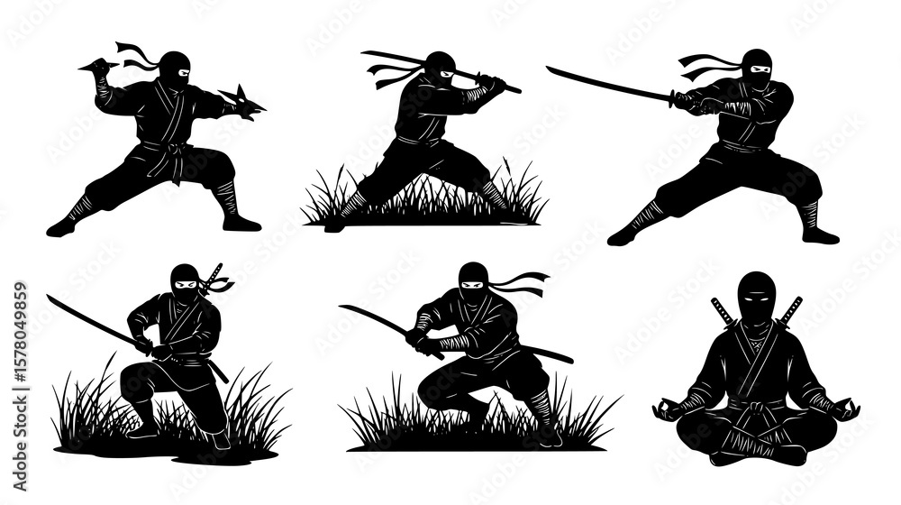 Obraz premium Six striking ninja warriors are shown in various action stances against a stark white backdrop.