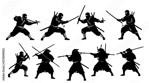 Silhouettes of stealthy ninjas in dynamic sword fighting poses showcase martial arts expertise and strength in black and white.