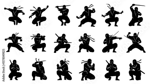 Ninjas in diverse poses display stealth and agility in black silhouettes, embodying martial arts mastery and combat prowess.