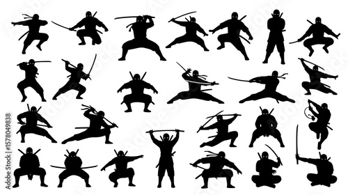 A striking silhouette compilation showcases various ninja poses with swords, embodying martial arts and Japanese culture in action.