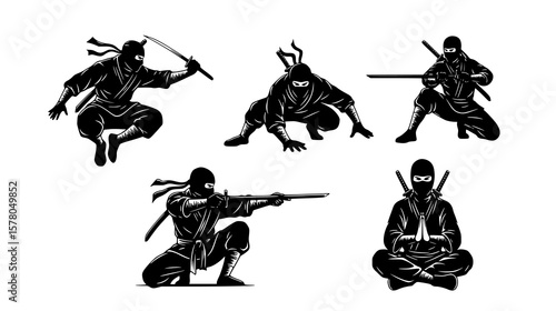 Collection of ninja warrior illustrations showcases martial arts skills in various dynamic poses and stances, conveying agility and strength.