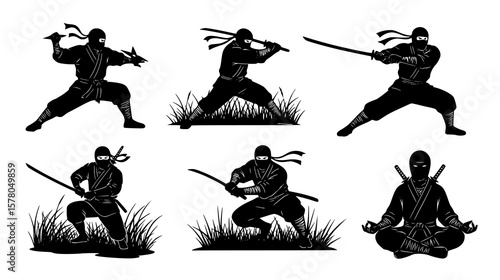 Six striking ninja warriors are shown in various action stances against a stark white backdrop.
