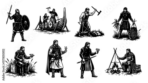 A collection of viking warriors in various poses and activities, including combat and daily life