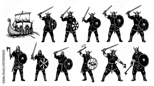 A group of viking warriors depicted in action with swords and shields, alongside a longship