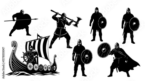 Viking warriors with shields and weapons, alongside a longship sailing on the sea