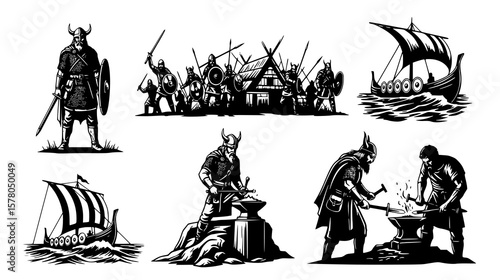 A scene depicting viking warriors, a settlement, and blacksmiths at work with hammers and anvils