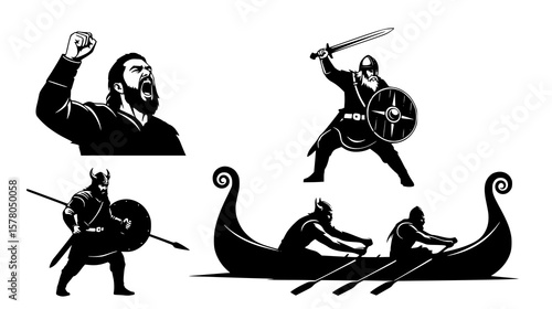 Viking warriors in battle, one shouting and raising his fist, another with sword and shield, and a longship with rowers