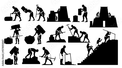 Ancient egyptian workers engaged in various construction and agricultural tasks, carrying heavy loads and using tools