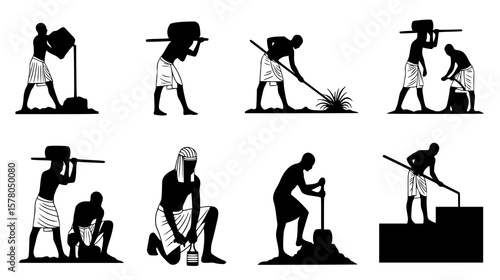 Ancient egyptian laborers performing construction and farming activities, including pouring liquid and digging