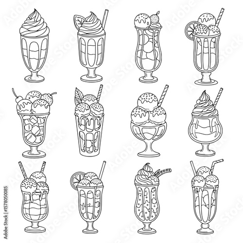 Set of ice cream sundaes with toppings and straws in line art style