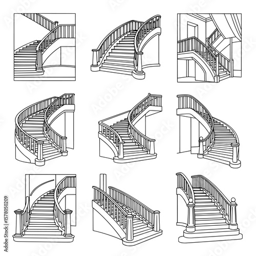 Set of various staircase railings with curved and straight designs
