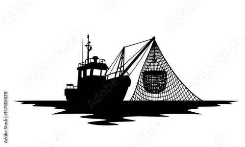A silhouette of a fishing boat with its net deployed, capturing a catch at sea
