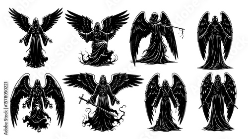 A collection of dark angelic figures with wings and flowing robes, some holding scythes