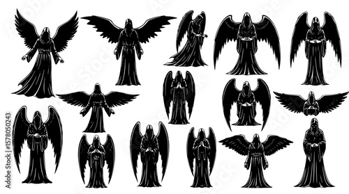 A variety of dark angelic figures with wings and flowing robes, some holding scythes