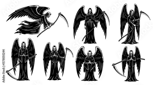 Multiple grim reaper figures with scythes and large wings in various poses