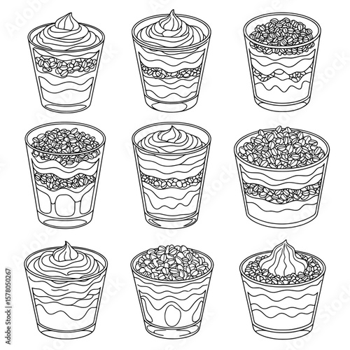Set of dessert cups with layered parfaits and toppings