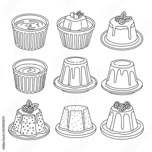 Collection of assorted pudding desserts with toppings on plates