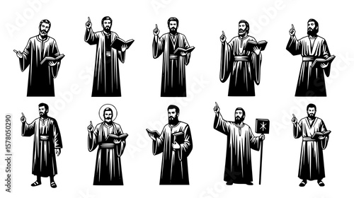 A set of religious figures, possibly apostles or saints, holding books and gesturing, isolated on white