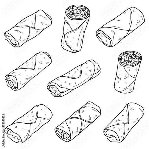 Line art of taco wraps with filling on dark background