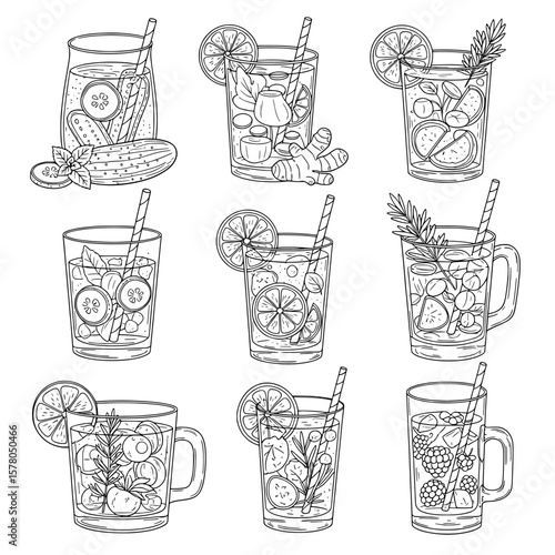 Set of nine detailed glass drinks with fruits and herbs