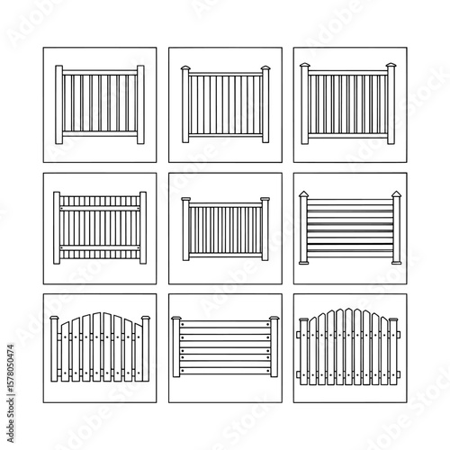 Set of decorative fence line art with different styles and patterns