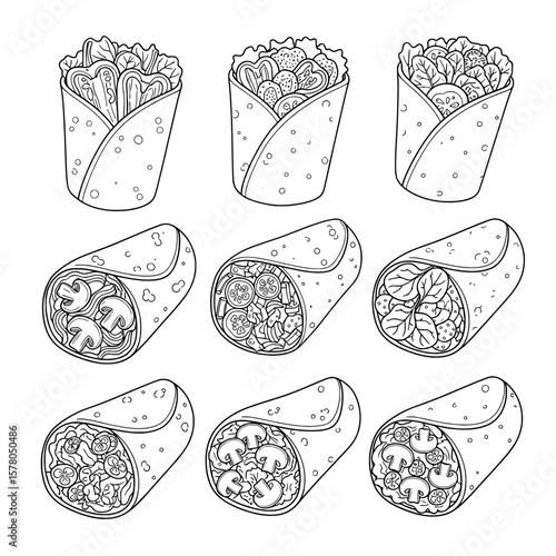Set of nine assorted burrito wraps with various fillings