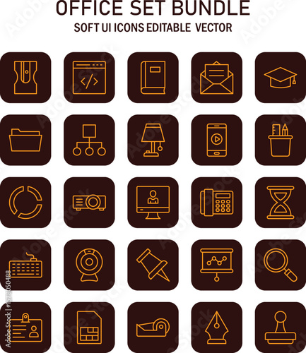 Collection of office soft ui icons depicting various office supplies and equipment for business and design projects