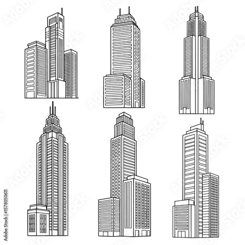 Set of outline skyscraper buildings in different heights
