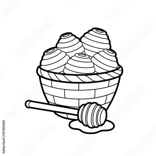 honey pot with honey dipper and honeycomb pattern