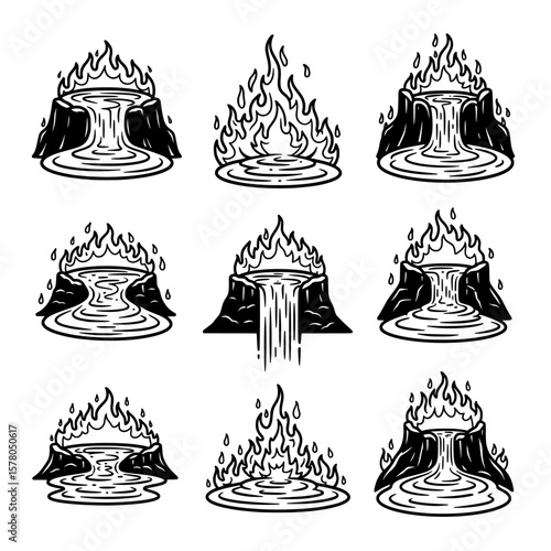 Set of nine black and white fire and volcano icons